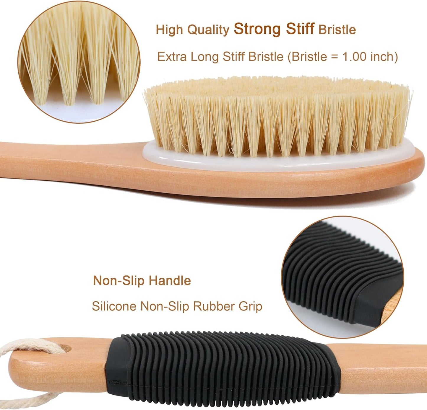OWIIZI Back Scrubber Brush for Shower, Long Stiff Bristle Body Bath Brushes, Wooden Curved Long Handle Skin Exfoliator for Men Women Wet or Dry Use