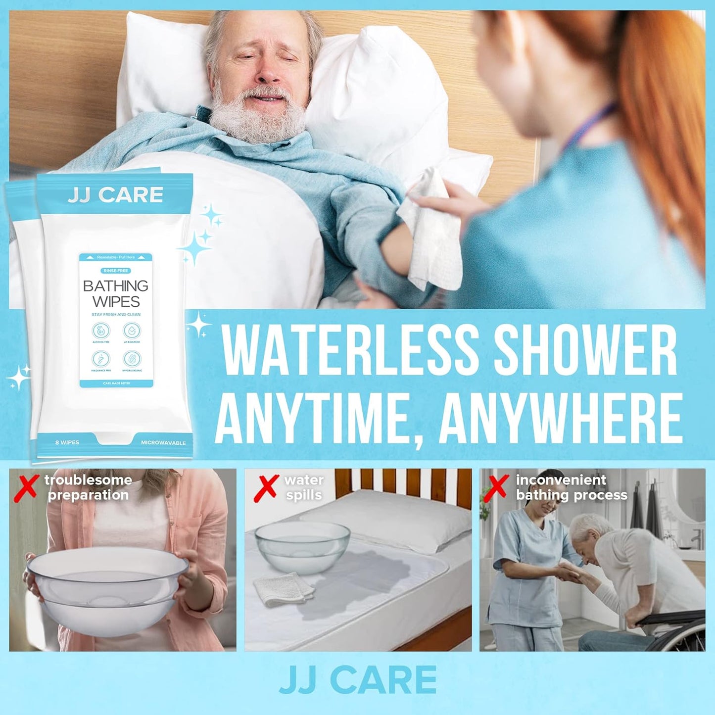 JJ CARE Body Wipes for Adults Bathing - Pack of 25 Shower Wipes For Adults Rinse Free, 200 Count Disposable No Rinse Disposable Washcloths, Waterless Body Wash for Elderly