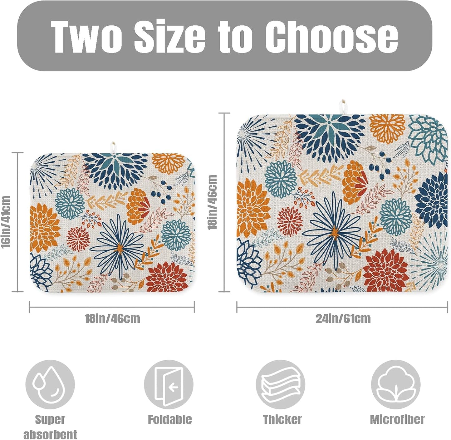 Dish Drying Mat for Kitchen Counter Large 16" x 18" Modern Flower Absorbent Microfiber Dishes Drainer Rack Mats Pad Reusable Washable