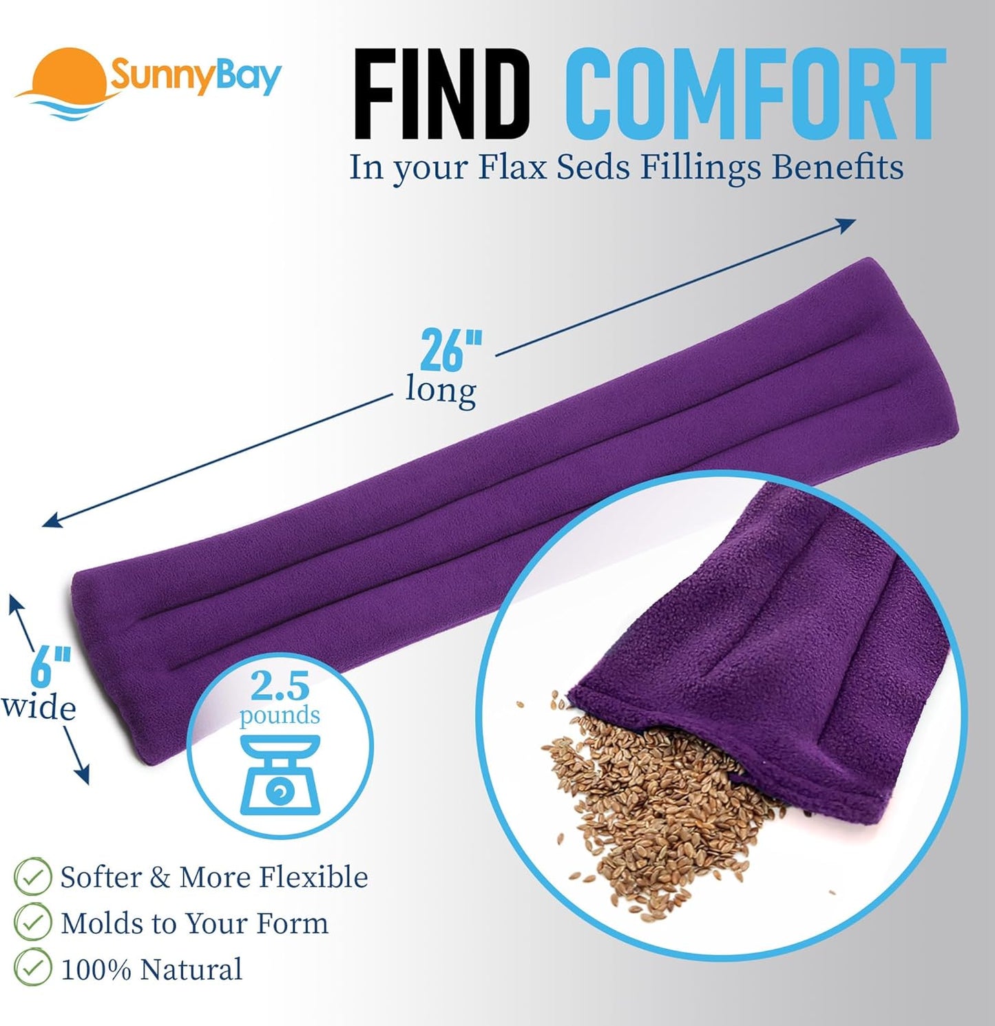 SunnyBay Microwave Heating Pad, Microwavable Heated Neck and Shoulder Wrap for Moist Hot or Cold Therapy, Lightly Weighted with Moldable Flaxseed, 26x6 Inches, Made in USA, Purple