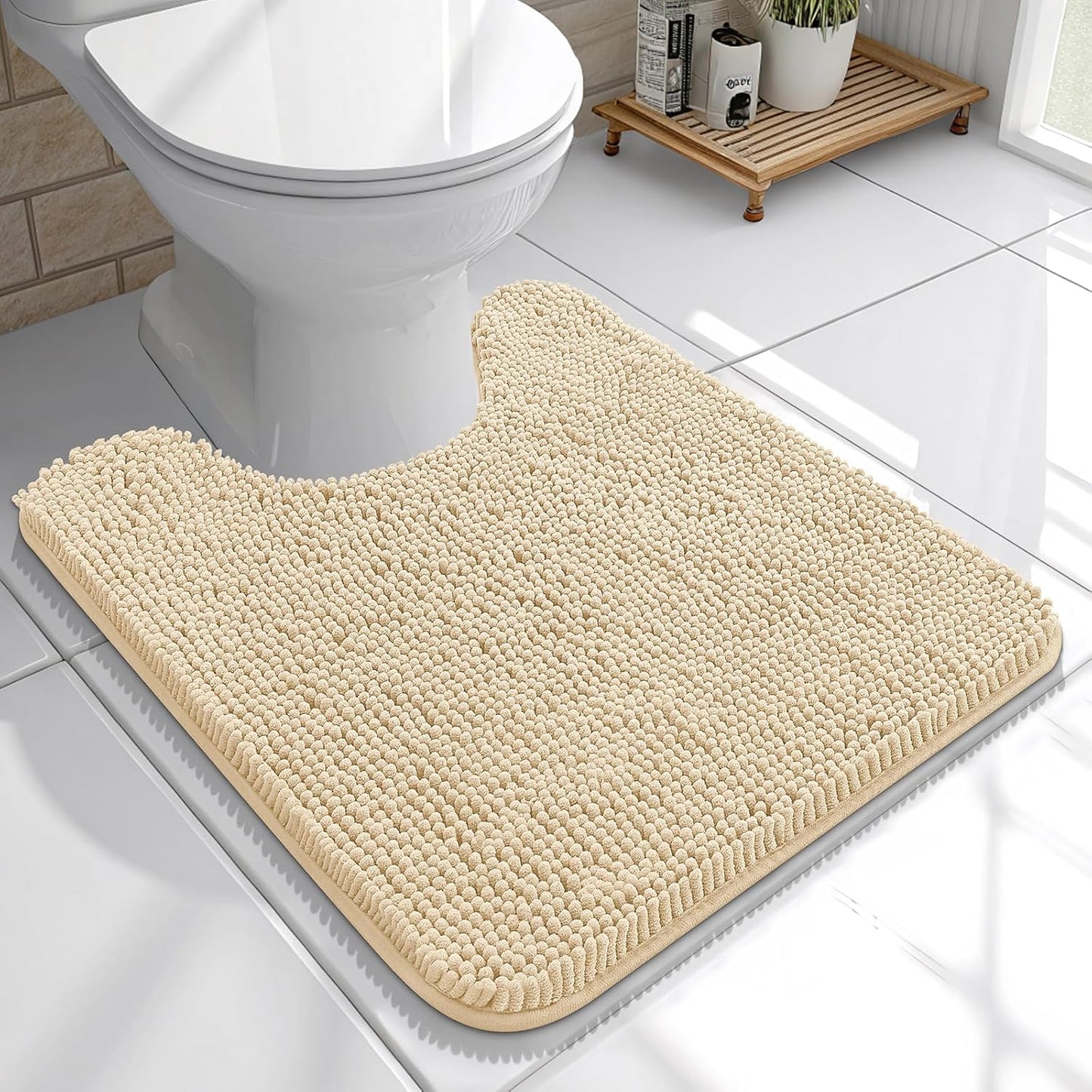 OLANLY Toilet Rugs U-Shaped 20x20, Extra Soft Absorbent Chenille Contour Bathroom Rugs for Toilet, Dry Quickly, Machine Washable, Non-Slip Bath Mat, Beige
