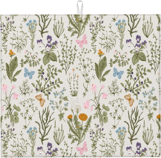 Vintage Floral Kitchen Drying Mat Herbs and Wild Flowers Microfiber Dish Drainer Mat for Kitchen Counter Cute Botanic Spring Summer Drying Pad Absorbent Reusable Washable 16x18 Inch