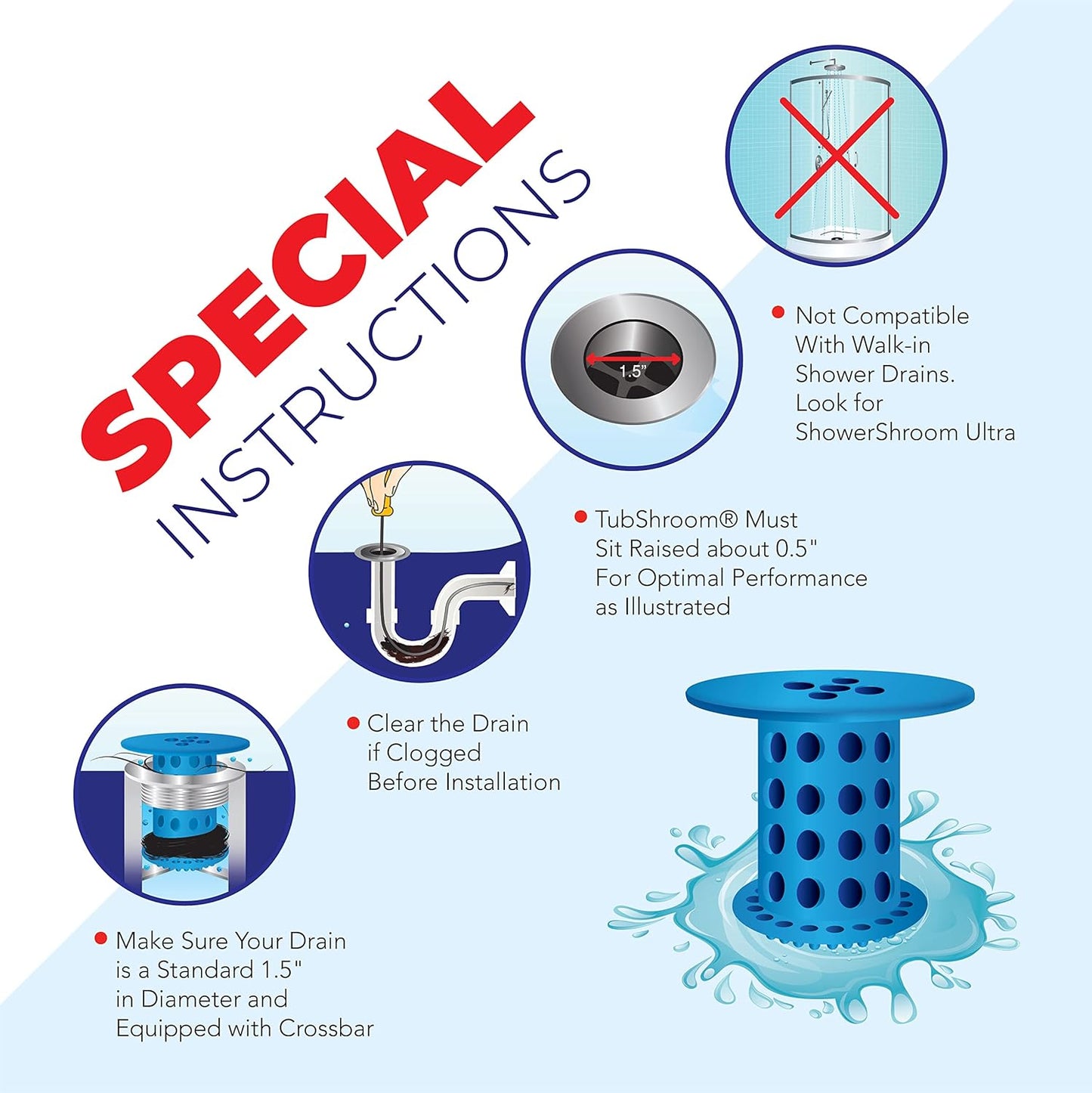 TubShroom Tub Drain Hair Catcher Strainer, Blue – Drain Protector and Hair Catcher for Bathroom Drains, Fits 1.5” – 1.75” Bathtub and Shower Tub Drains