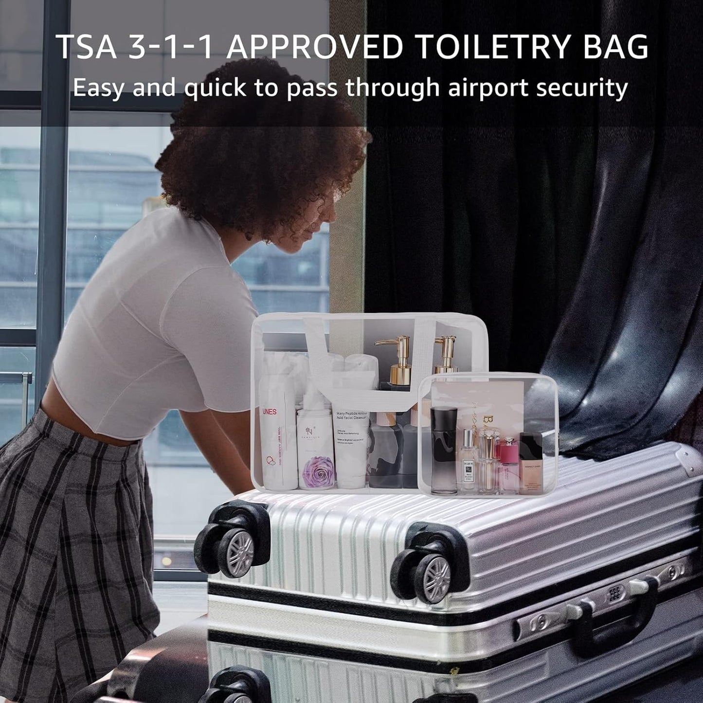 5Pcs Crystal Clear PVC Travel Toiletry Bag Kit for Women Men, Waterproof Vinyl Packing Organizer Storage Bags with Zipper Handle Straps, Cosmetic Pouch Carry on Airport Airline Compliant Bag Handbag