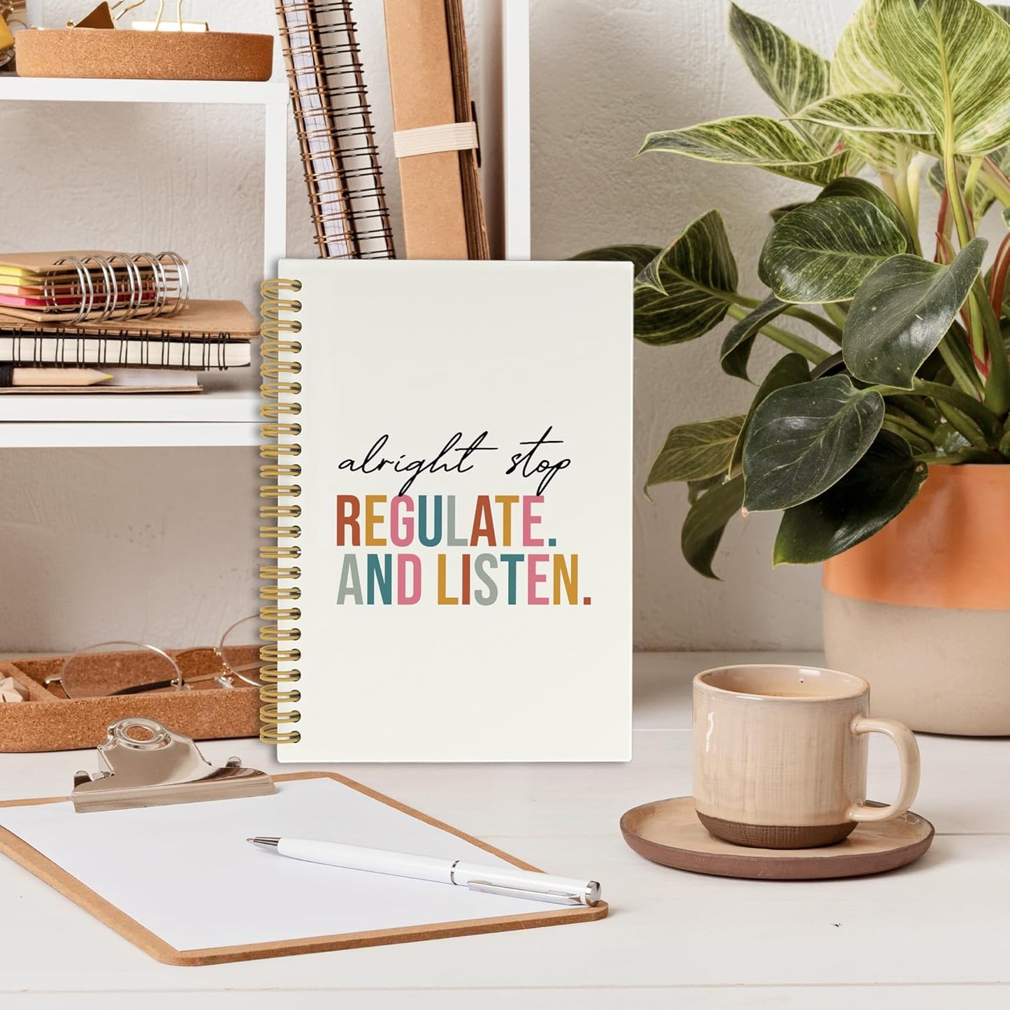 CUANFDDSF Mental Health Notebook, Mental Health Therapy Journal Notebooks for Women, Counselor Gifts for Women,School Supplies, Alright Stop Regulate and Listen Hardcover Spiral Notebook 5.5x8.3 Inch