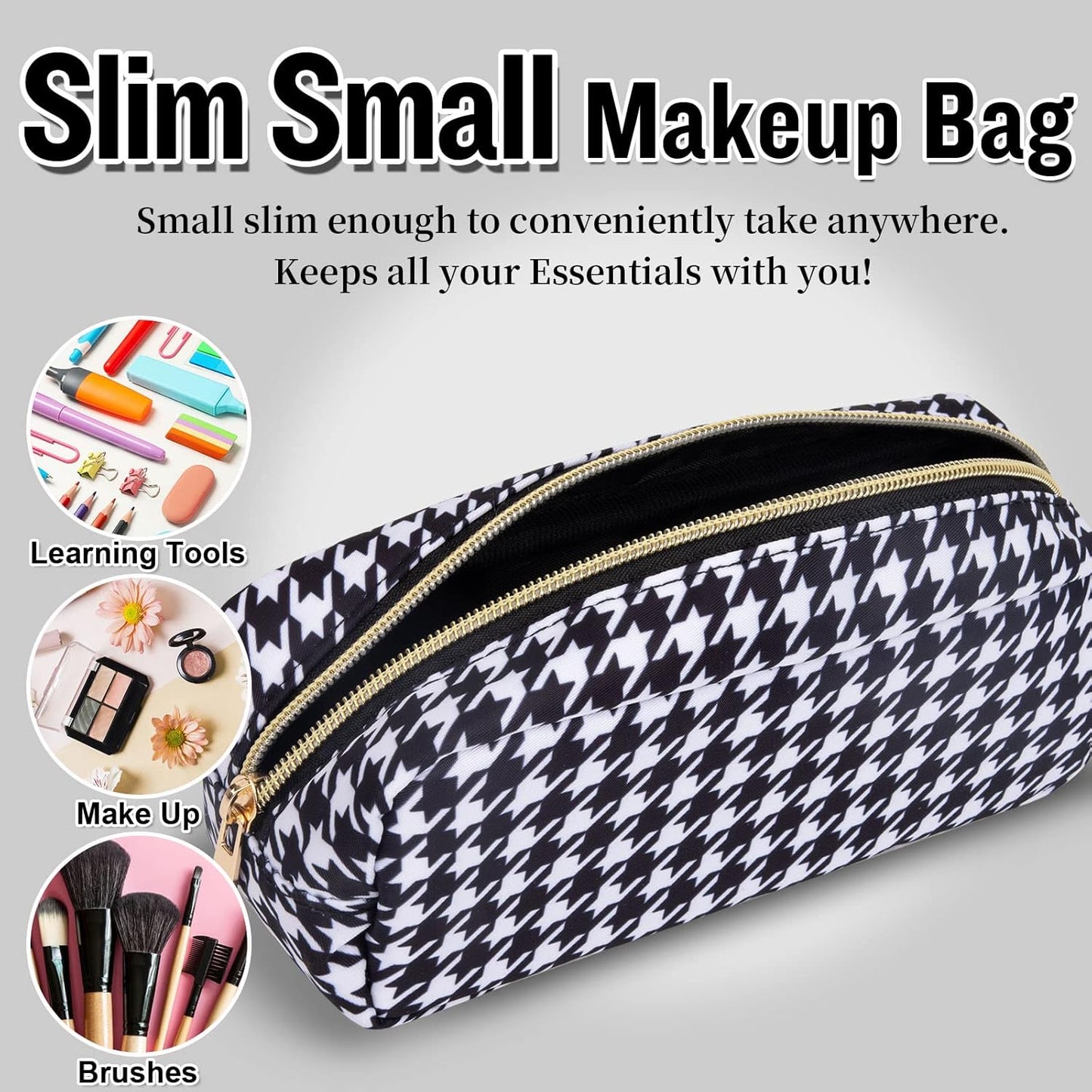 Nylon Slim Makeup Bag, Cute Makeup Brush Case, Preppy Cosmetic Zipper Pouch for Purse, Travel Toiletry Bag Clutch Coin Pouch Make Up Organizer for Women Girls (Black Houndstooth)