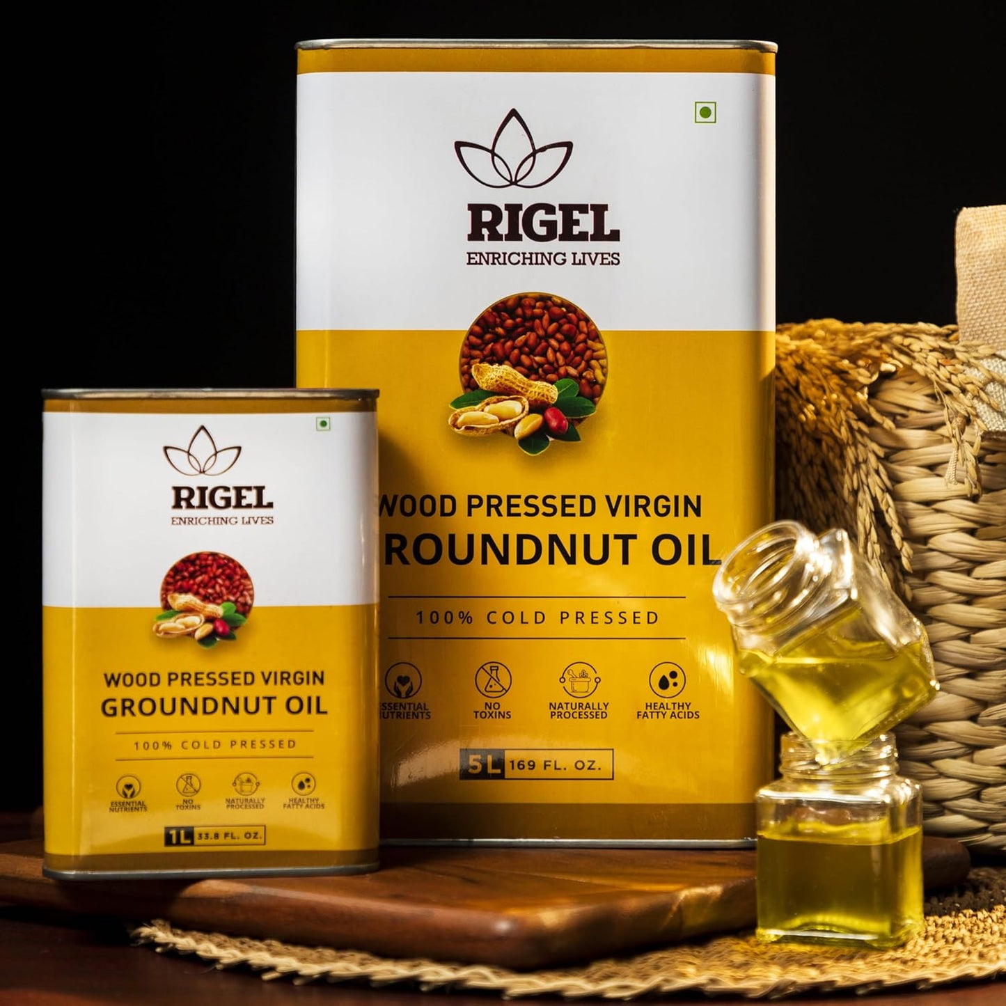 Rigel Spices | Naturally Milled Cold Pressed Peanut Oil in a Eco-Friendly Tin 169 fl oz(5L Tin) | No Preservatives