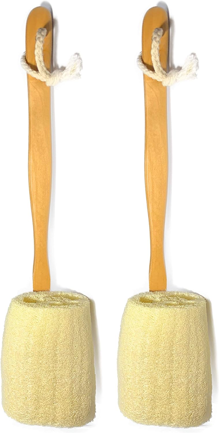 2 Pack Natural Exfoliating Loofah luffa loofa Bath Brush On a Stick - with Long Wooden Handle Back Brush for Men & Women - Shower Sponge Body Back Scrubber
