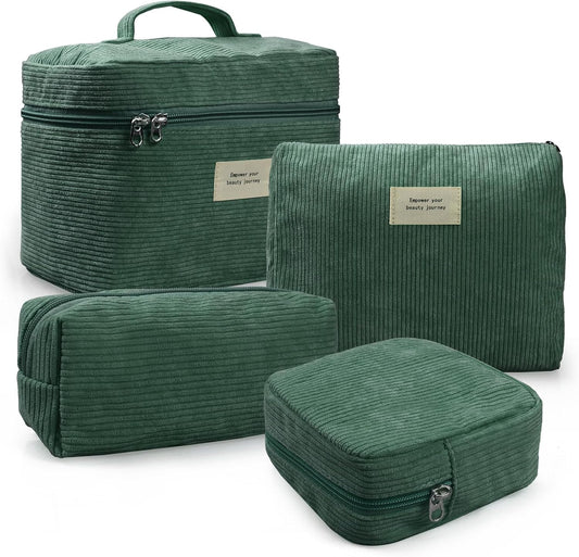 4 Pcs Makeup Bag for Women Corduroy Cosmetic Bag Aesthetic Cute Bags Multi Size Purse Pouch Travel Toiletry Bag Set Makeup Organizer with Zipper(Green)