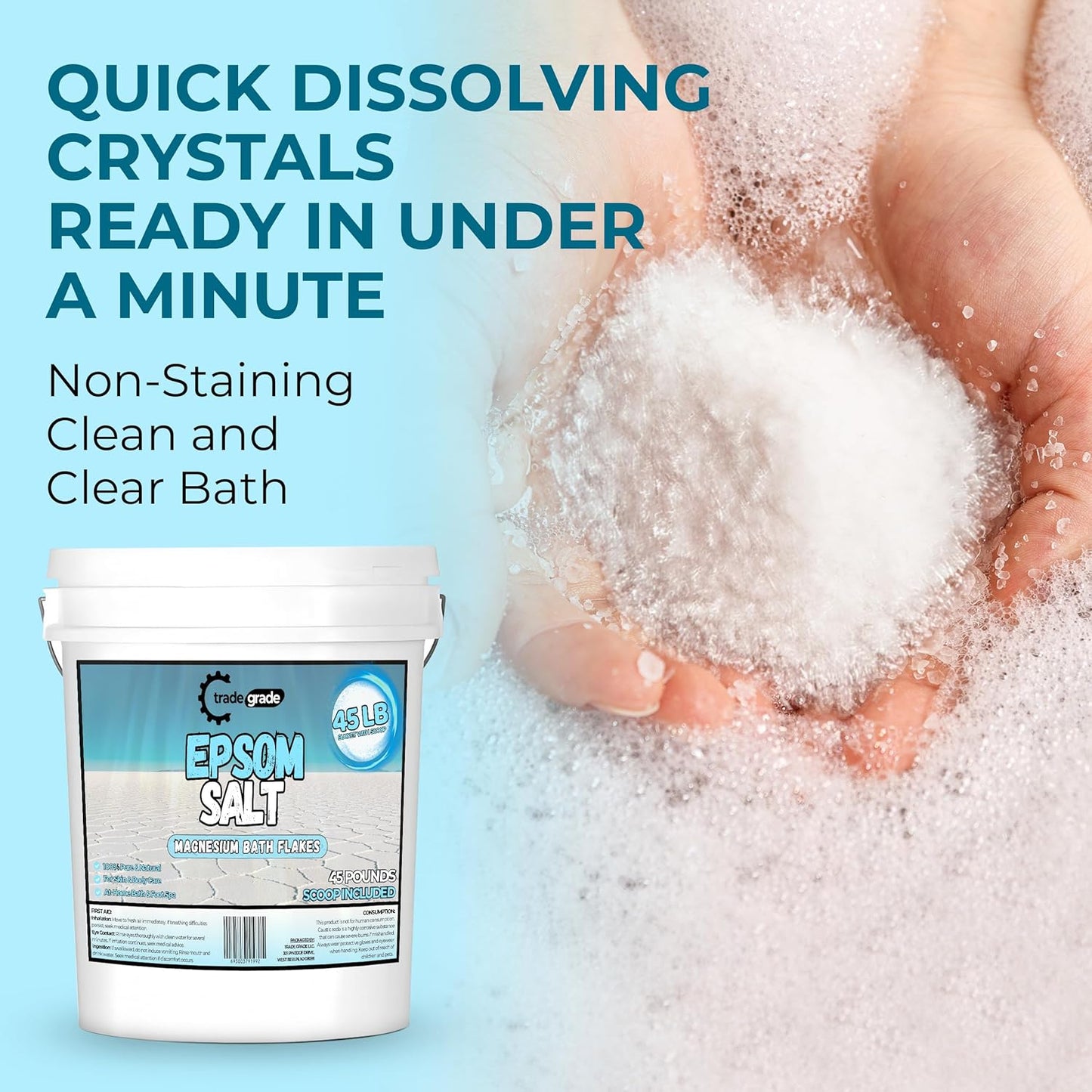 Epsom Salt Bath Soak 45 lb Bucket – Unscented, Pure Epsom Salt Bulk Crystals, Magnesium Sulfate for Full Body or Foot Soaks, Resealable Container with Scoop for Home Bath Use