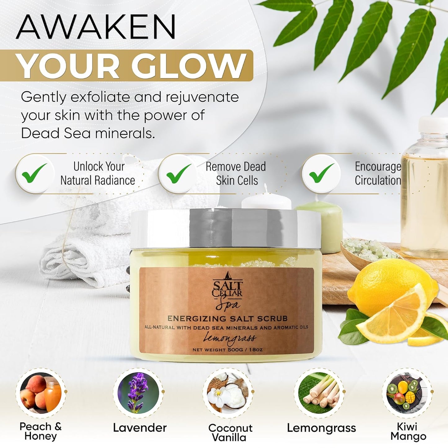 Salt Cellar Spa Skin Reviving Kiwi Mango Salt Scrub - Energize Your Skin with Dead Sea Minerals - Revive, Refresh, and Rejuvenate - Made in Israel, Cruelty-Free, 18 oz.