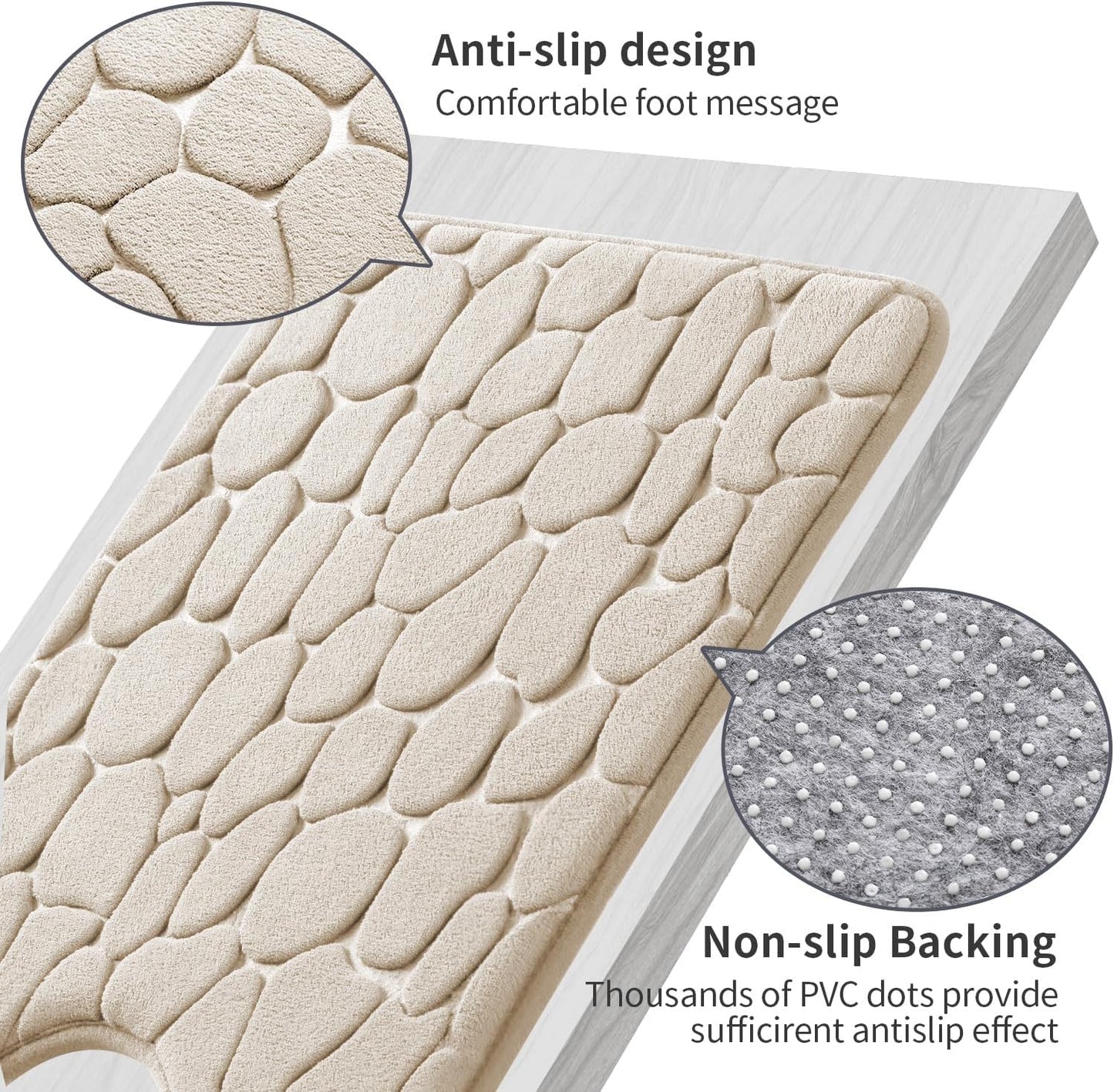 YIHOUSE Memory Foam Bath Mat Cobblestone Bathroom Rugs Super Water Absorbent Bath Mats for Bathroom Machine Washable Bath Rugs(20 x 24,Khaki)