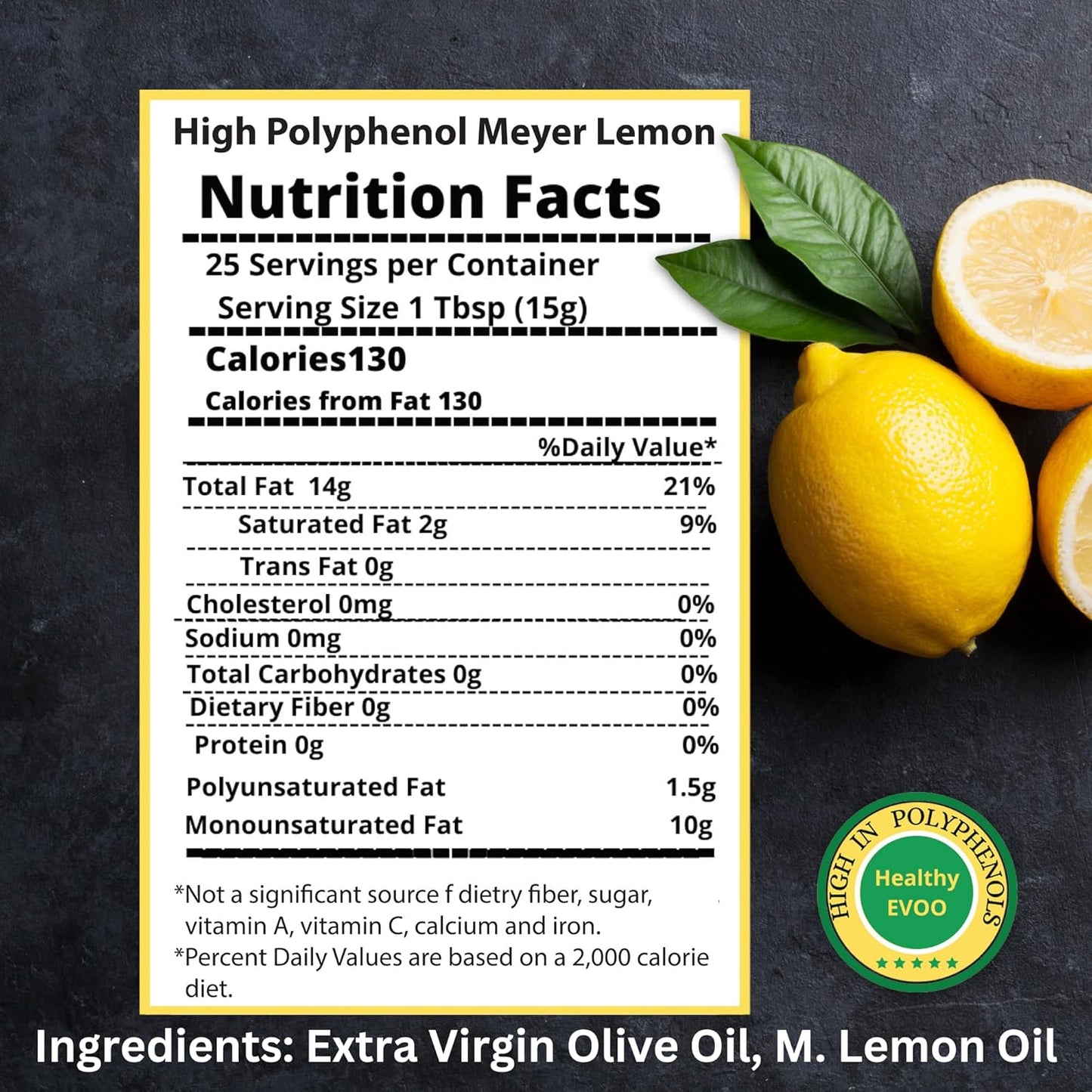 M.G. PAPPAS High Polyphenol Rich Meyer Lemon Olive Oil - Extra Virgin Olive Oil Polyphenol over 500mg/kg - Cold Pressed & Unfiltered - High Hydroxytyrosol Greek Olive Oil - Award Winning 12.7 Oz