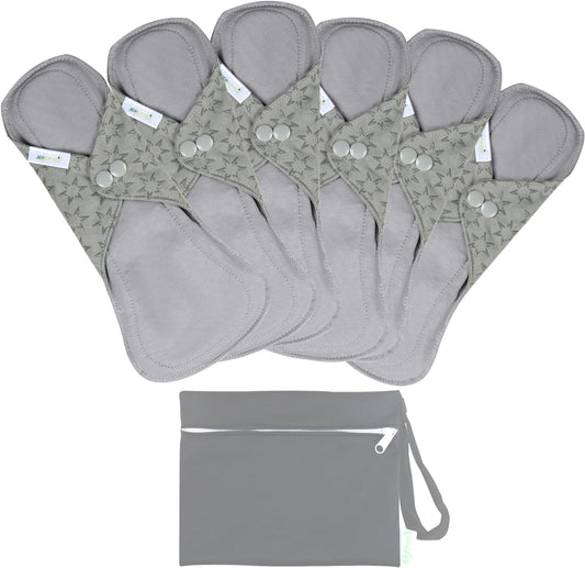 wegreeco 6 Pcs Reusable Menstrual Pads, Ultra Absorbent Cloth Pads for Heavy Flow, Sanitary for Teens, Women, Nonslip, Grey Inner, Grey Outer, Small