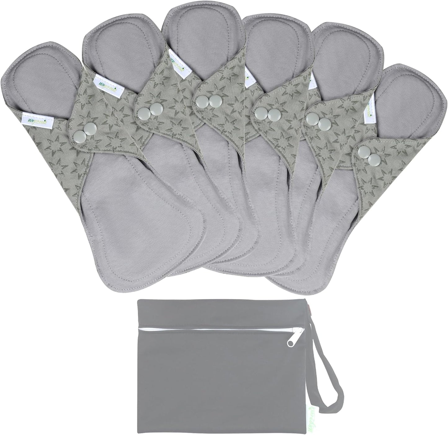 wegreeco 6 Pcs Reusable Menstrual Pads, Ultra Absorbent Cloth Pads for Heavy Flow, Sanitary for Teens,Women, Nonslip, Grey Inner, Grey Outer, Large
