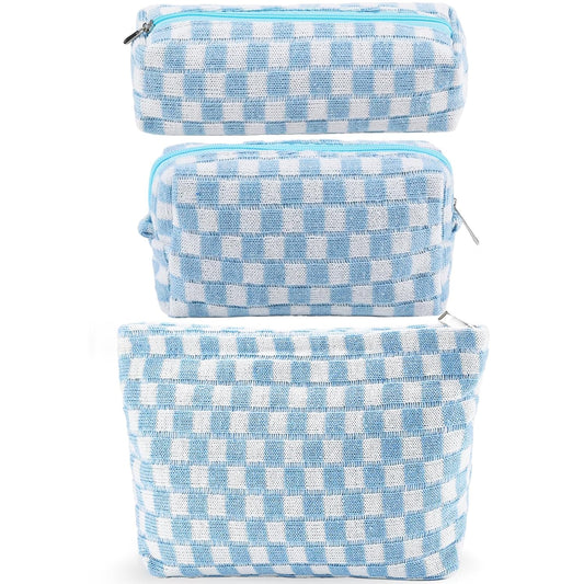 ZLFSRQ 3Pcs Checkered Makeup Bag for Women Large Small Checkered Cosmetic Bag Set Aesthetic Preppy Pencil Case Cute Pencil Pouch Blue Makeup Pouch for Purse Travel Toiletry Bags Zipper Skincare Bags