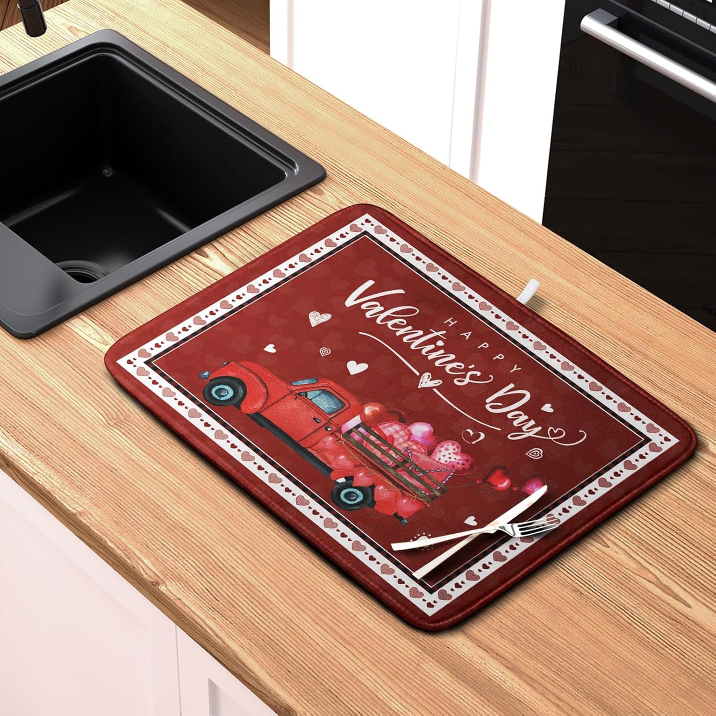 Happy Valentine's Day Dish Drying Mat for Kitchen Red Love Heart Truck Plaid Drying Mats Super Absorbent Dishes Drainer Pad Reversible Microfiber Dish Drying Rack Mat for Kitchen Counter 18x24 Inch
