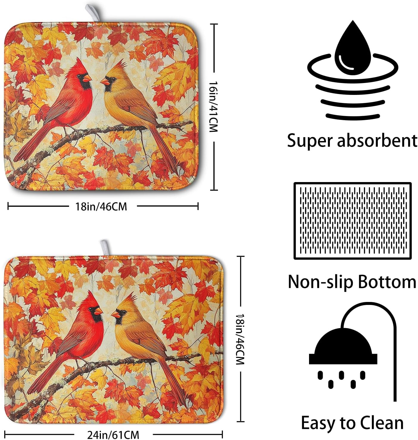 Fall Dish Drying Mats for Kitchen Counter Maple Leaf Cardinal Birds Dish Draining Mat 18x24 Inch Autumn Thanksgiving Dish Rack Mat Microfiber Absorbent Dish Drainer Pad