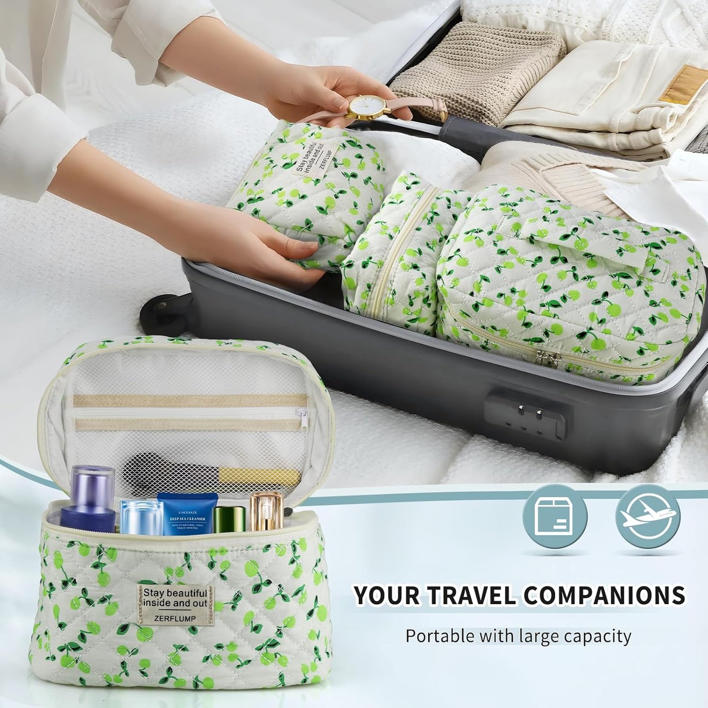 Cute Quilted Floral Makeup Bag(3Pcs)，Coquette Aesthetic Cosmetic Bag，Travel Toiletry Bags， Kawaii Aesthetic pouch for Women (6 - Green Fruit)