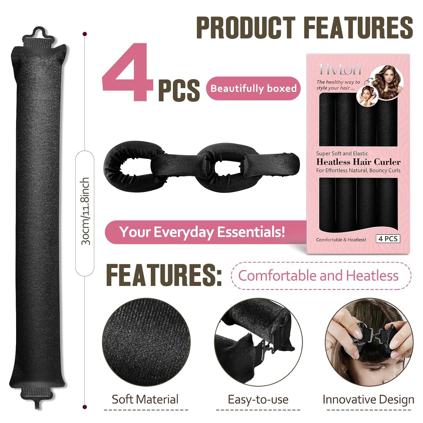 Heatless Curls Overnight, 4 Pcs No Heat Curling Blowout Rod, Satin Blowout Look Heatless Hair Rollers, Soft Flexi Rods for Big Curls to Sleep In