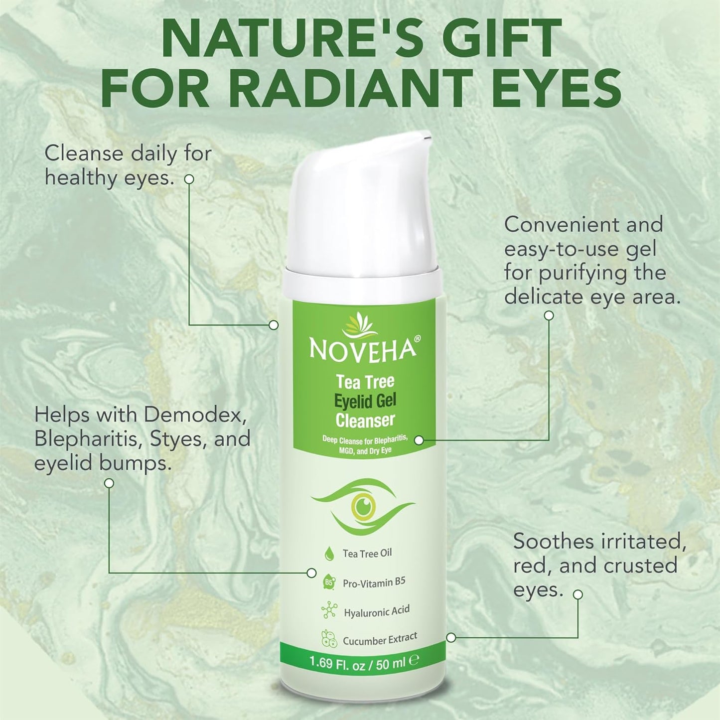 NOVEHA Tea Tree Eyelid Gel Cleanser - for Blepharitis, MGD, and Dry Eye with Pro-Vitamin B5, Hyaluronic Acid, and Cucumber Extract - Gentle Cleansing, Soothes Itchy Eyelid and Burning Eyes - 50mL