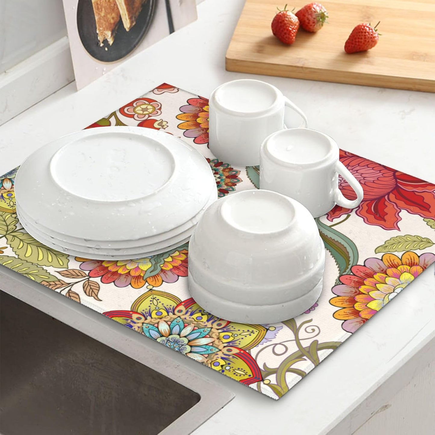 Boho Floral Dish Drying Mat for Kitchen Counter Washable Absorbent Reversible Microfiber Colorful Decorative Drying Pad Kitchen Accessories 16x18 Inch