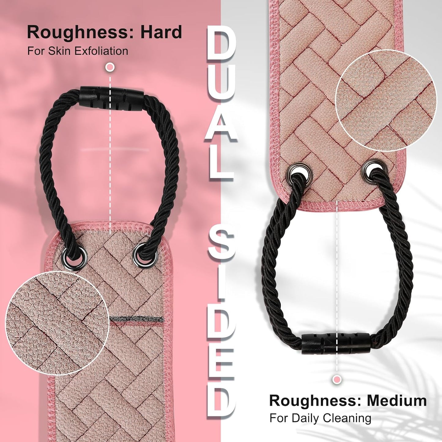 Exfoliating Back Scrubber with Upgraded Handles, 38.5 Inch Double-Sided Body Scrub Bath Exfoliator, Exfoliating Washcloth for Use in Shower, Back Washer to Deep Clean Your Skin for Men & Women (Pink)