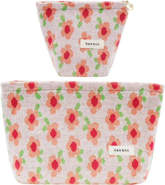 2 Pcs Makeup Bags, Large Cosmetic Bag Travel Toiletry Bag Organizer for Women, Embroidery Craft, Floral Makeup Bag Small Cosmetic Pouch Purse with Zipper Gifts for Girls Teen