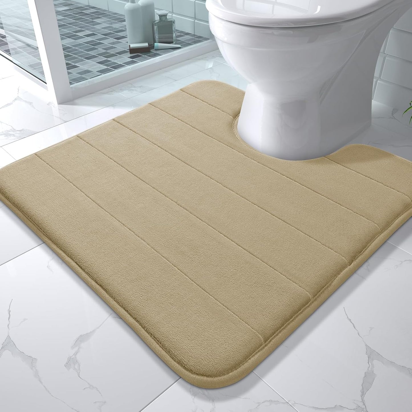 Yimobra Memory Foam Toilet Bath Mat U-Shaped, Soft and Comfortable, Super Water Absorbent, Non-Slip, Machine Wash and Easy to Dry for Bathroom Commode Contour Rug, 24 X 24 Inches, Pale Khaki