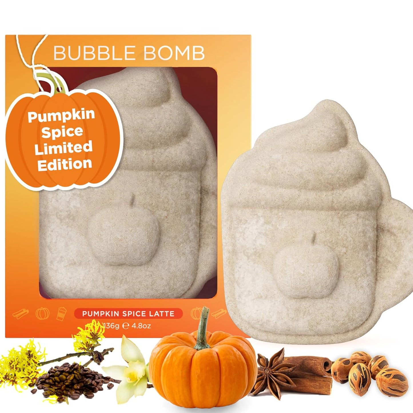 Pumpkin Spice Latte Bath Bomb for Women & Girls – Luxury Fall Bath Bombs (Giftable Packaging) - Natural & Relaxing Fall Gift - Vanilla, Cinnamon & Pumpkin Scented - Boo Basket Stuffers for Women