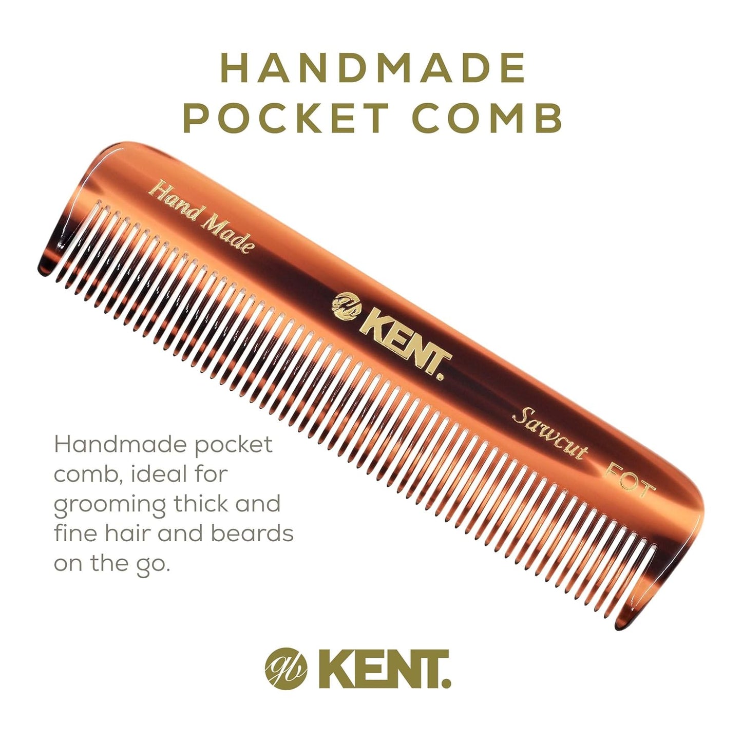 Kent FOT Tortoise Fine Tooth Comb for Men - Handmade Pocket Comb for Travel, Styling, Fine or Thinning Hair, Mustache and Beard Care Handpolished Saw-Cut Made in England