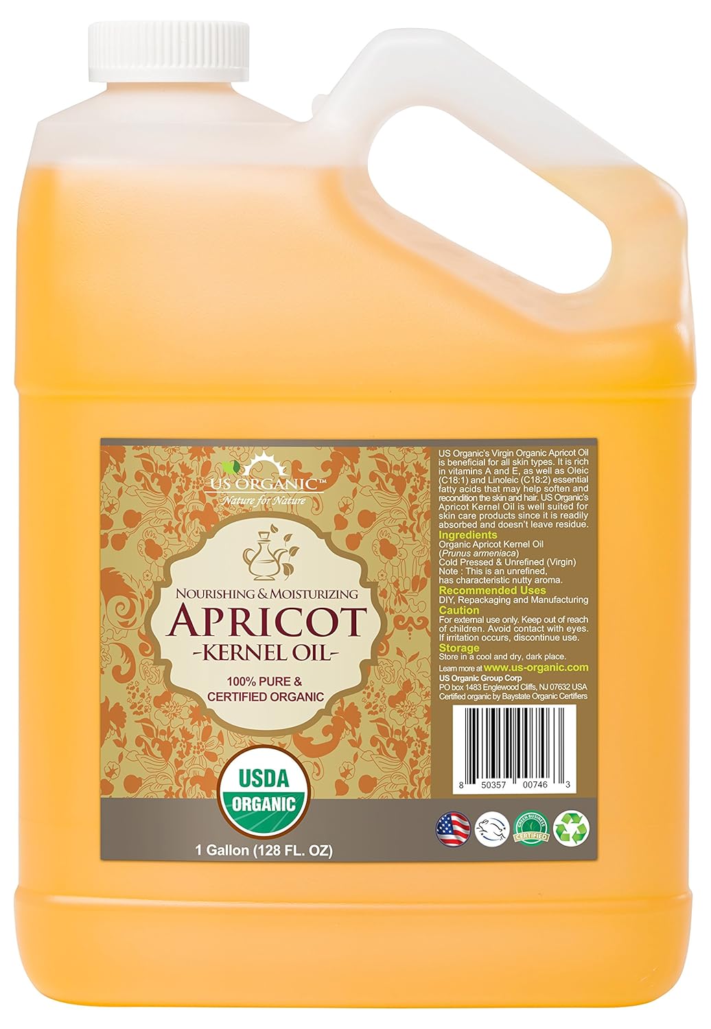 US Organic Apricot Kernel Oil, USDA Certified Organic,100% Pure & Natural, Cold Pressed Virgin, Unrefined, Size for DIY and small manufacturers (128 oz (1 Gallon))