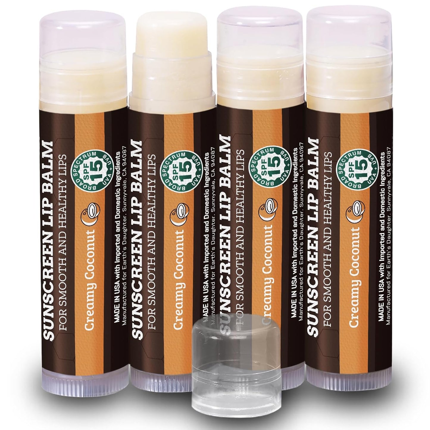 Earth's Daughter SPF Coconut Lip Balm 4-Pack - Lip Sunscreen, SPF 15, Organic Ingredients, Beeswax, Coconut Oil, Vitamin E - Hypoallergenic, Paraben Free, Gluten Free, New