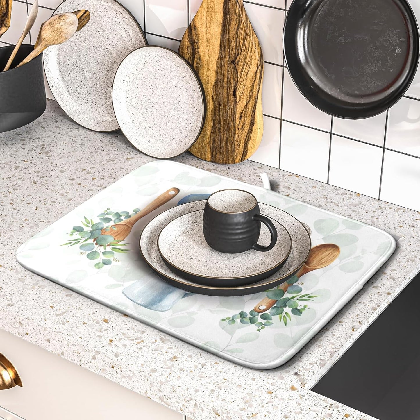 Sage Green Dish Drying Mat for Kitchen Counter, Cooking Supplies Reversible Dish Drainer Rack Pad Fast Dry Kitchen Accessories 16x18 Inch