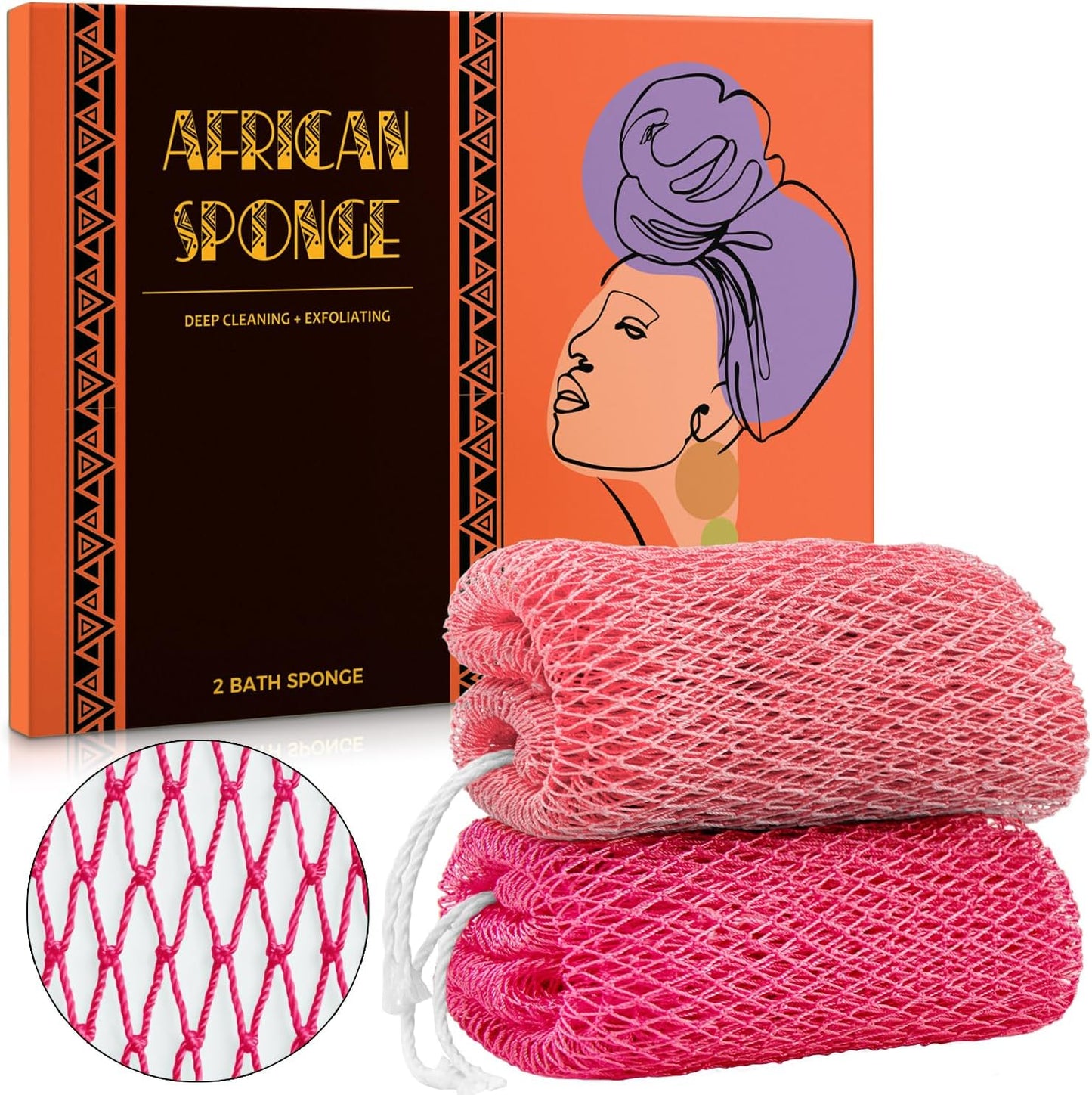 African Net Sponge Authentic - 2 Pieces Real African Exfoliating Sponge with Knots - Afro Back Scrub Net for Body Exfoliator - Bath Loofah Washcloth for Shower Essentials