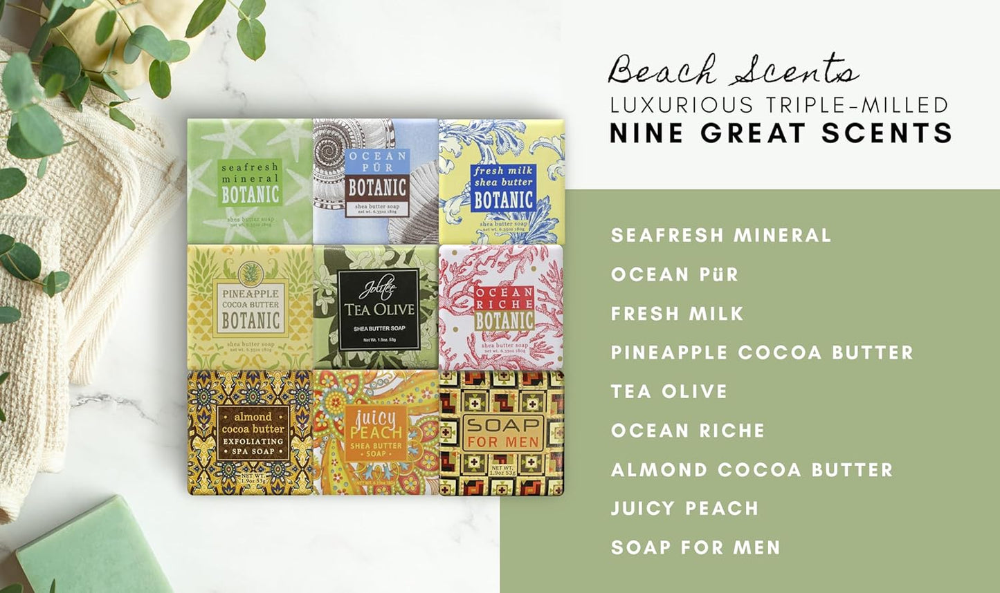French Milled Botanical Soap Sampler Set of 9 - Individually Wrapped Vegetable-Based Mini Soaps with Essential Oils, Shea Butter, and Natural Extracts (Beach Scents)