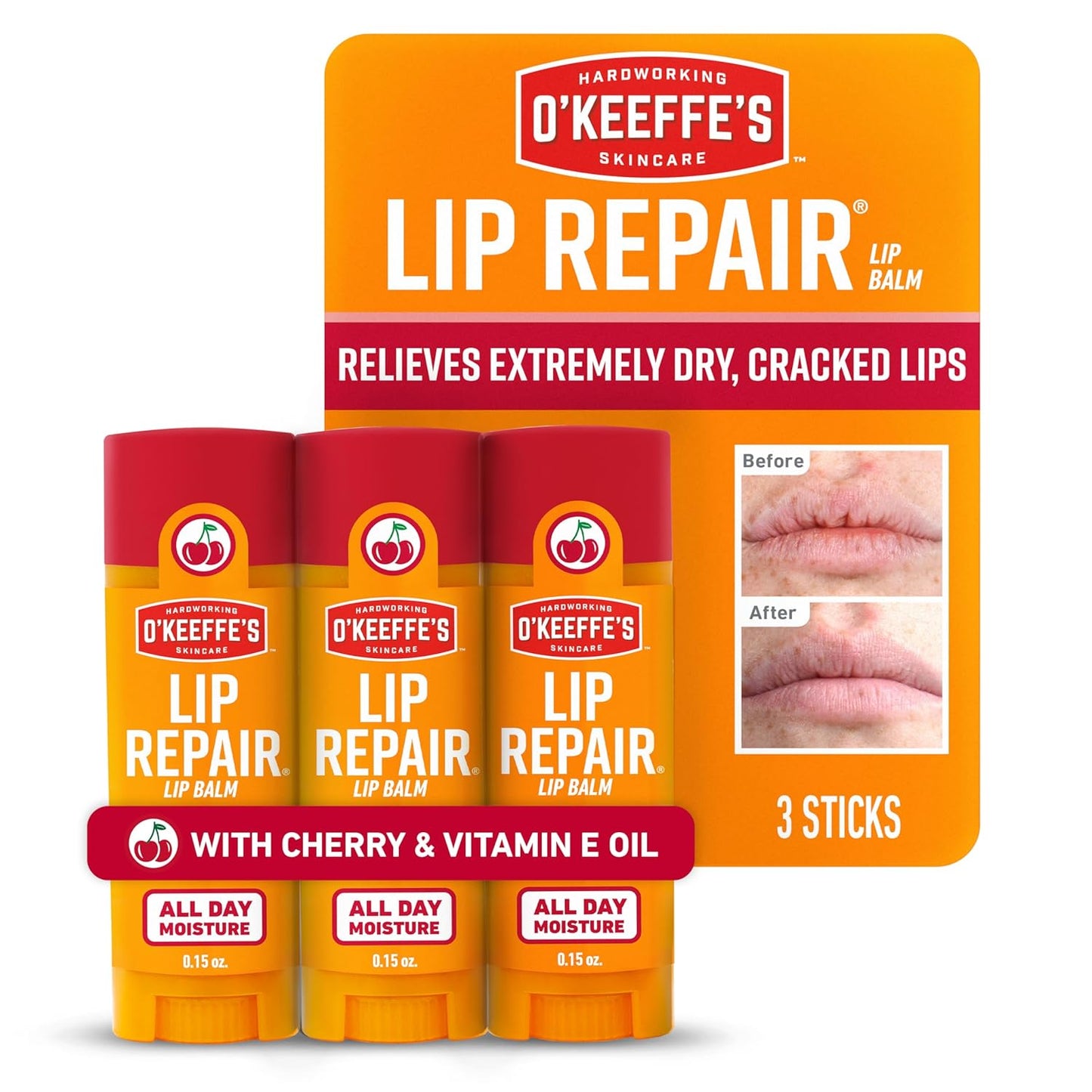 O'Keeffe's Lip Repair Lip Balm with Cherry & Vitamin E Oil - Stick (3 Pack) - Moisturizer for Extremely Cracked, Dry Lips