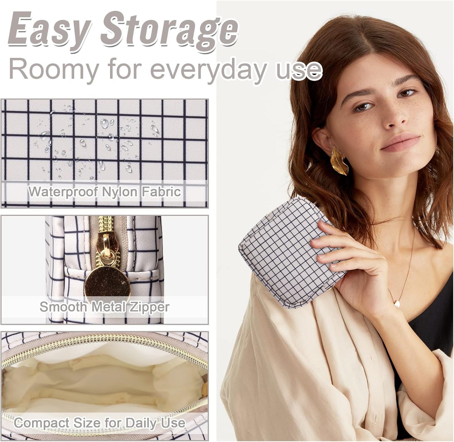 Nylon Mini Makeup Bag for Purse, Small Cute Checkered Makeup Bag Preppy Cosmetic Zipper Pouch Purse, Travel Coin Pouch Sanitary Napkin Storage Bag Clutch Make Up Organizer for Women Girls(Checkered)