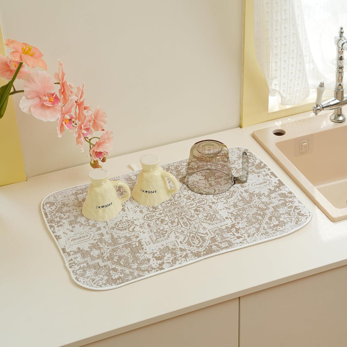 Brown Dish Drying Mat for Kitchen Counter, 18x24 Inch Coffe Boho Style Absorbent Dish Drying Pad Heat Resistant Mat Coffee Bar Mat Dish Drainer Rack Mat