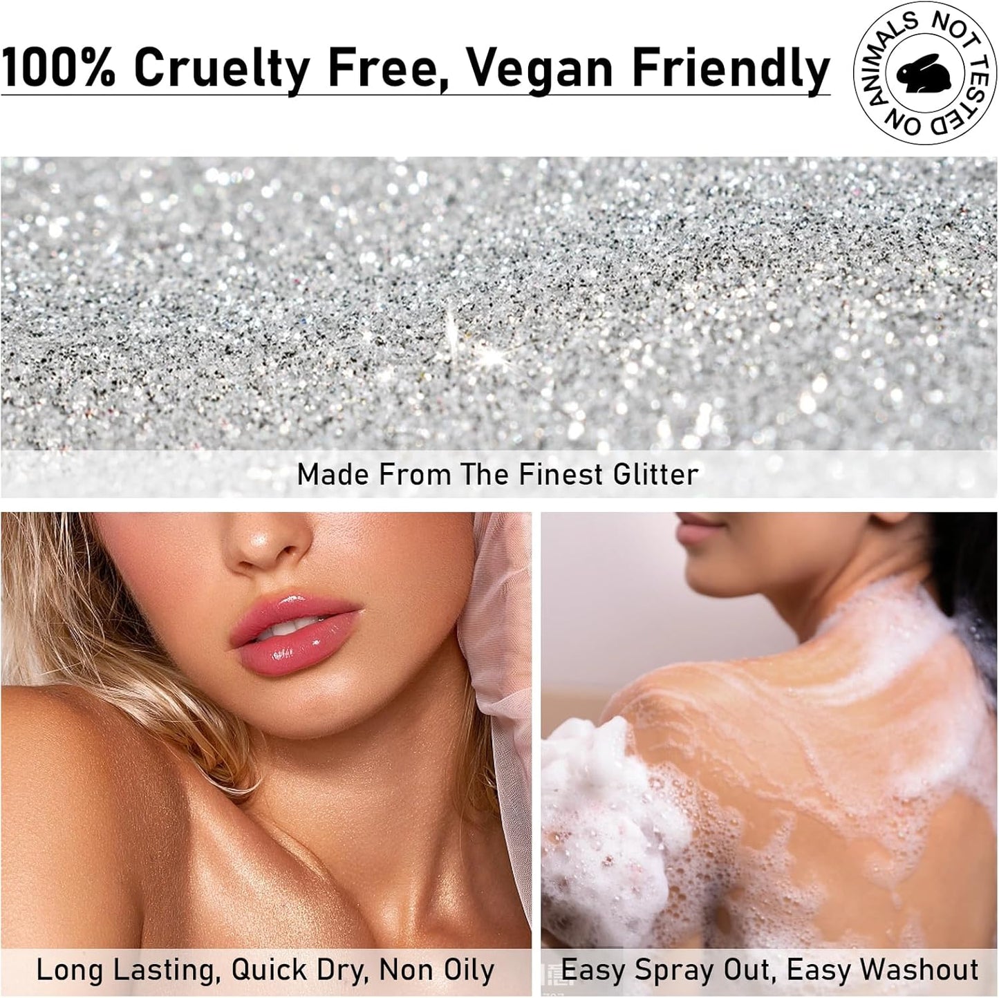 Body Glitter Spray, Silver Glitter Spray for Hair Body and Clothes, Shimmer Spray, Glitter Spray Highlighter Makeup for Festival Rave Stage Concert Party 4FL.OZ