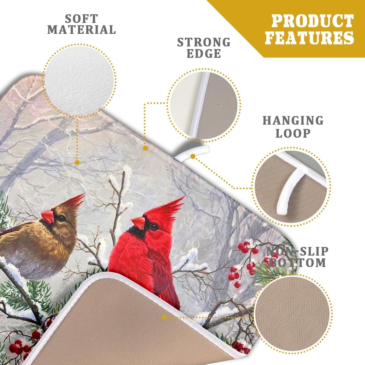 Red Bird Dish Drying Mat Merry Christmas Dishes Pad Absorbent Fast Dry Dish Drainer Mat Protector for Kitchen Counter 16 x 18 Inches