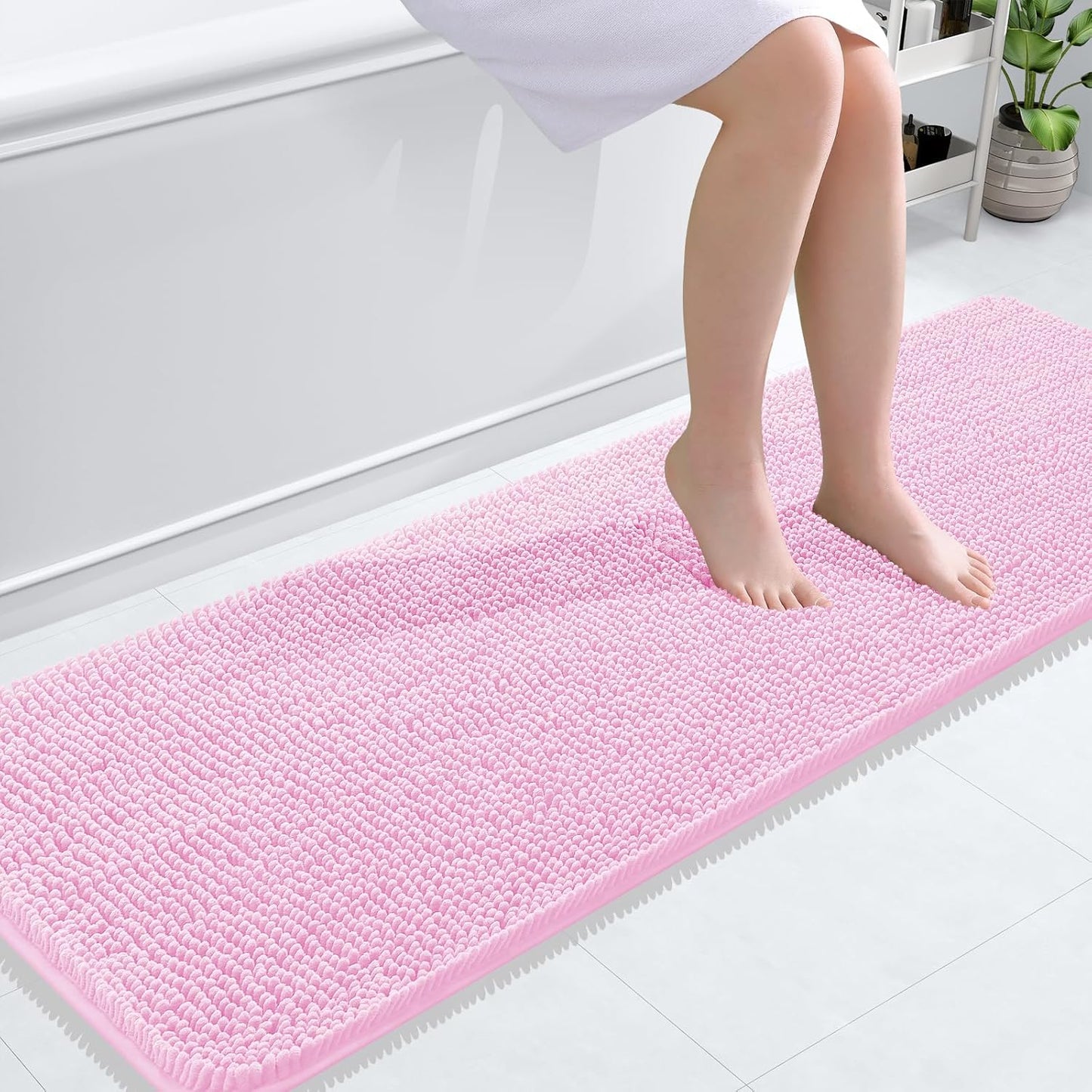 OLANLY Bathroom Rugs 59x20, Extra Soft Absorbent Chenille Bath Rugs, Rubber Backing Quick Dry, Machine Washable Bath Mats for Bathroom Floor, Tub and Shower, Home Decor Accessories, Pink