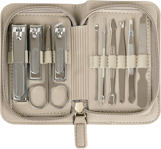 Premium Stainless Steel Nail Clippers Set - Travel Grooming Kit, 10pc Manicure/Pedicure Tools with PU Case - Unisex Gift for Men and Women(C-Grey)