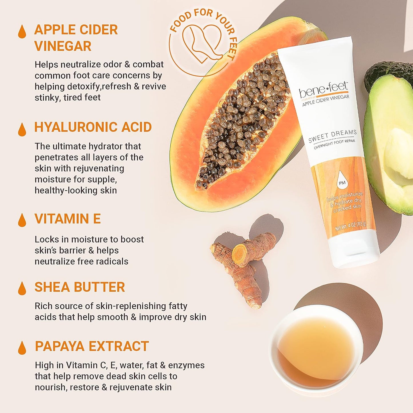 Benefeet Sweet Dreams Overnight Foot Repair - Night Cream for Detox, Moisturize & Soften Dry Cracked Skin, With Apple Cider Vinegar, Turmeric & Borage Oil, 4oz