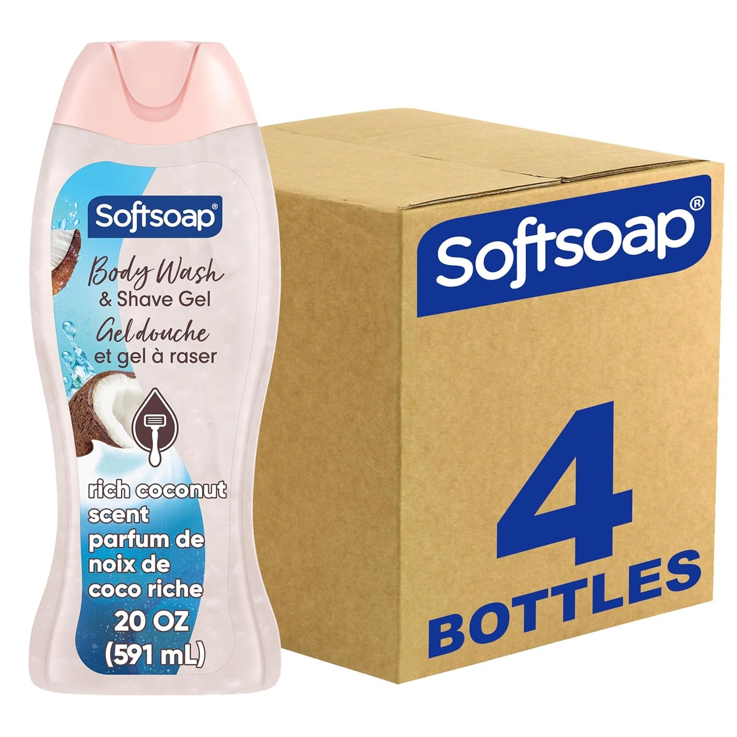 Softsoap Moisturizing Body Wash and Shave Gel, Rich Coconut Scent, 20 fl oz Bottle (Pack of 4)