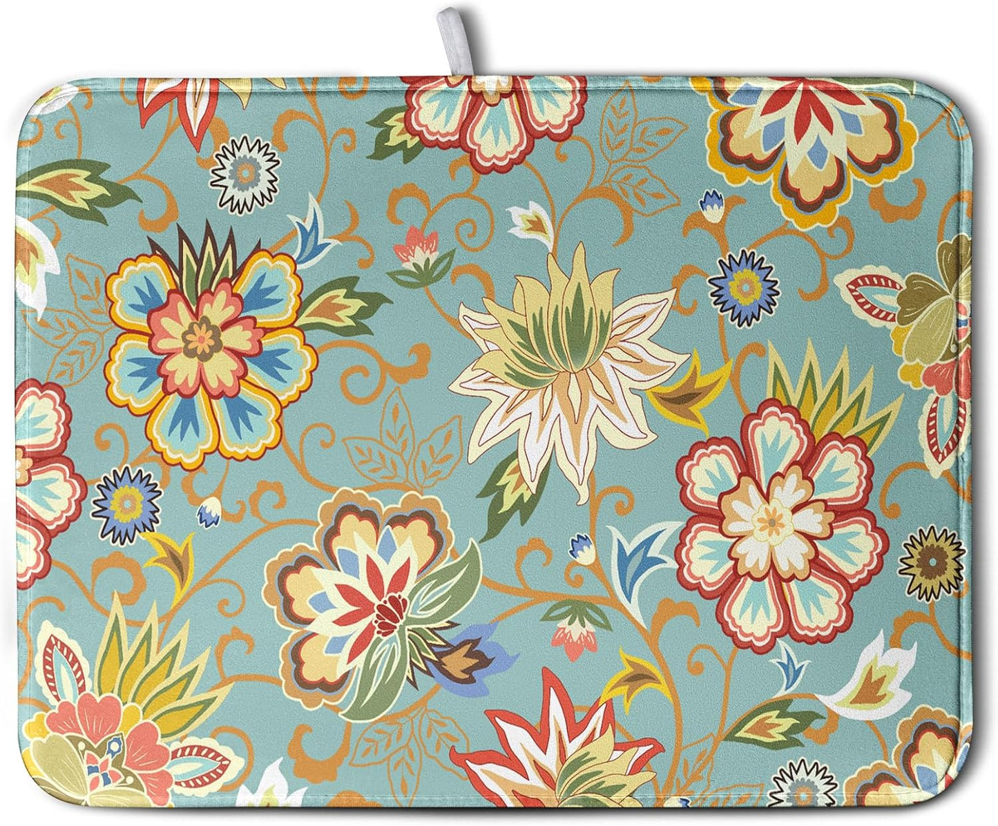 Boho Floral Kitchen Dish Drying Mat for Dishes 16x18 Inch Vintage Mandala Colorful Flowers Drying Mat Green Bohemian Dish Drainer Mat Super Absorbent Dish Rack Pad for Coffee Bar Sinks