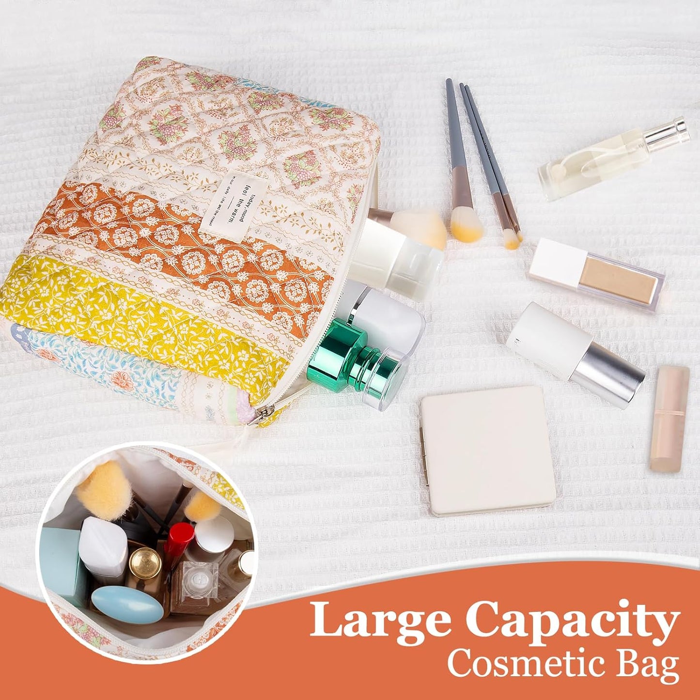 Floral Makeup Bag, Small Cosmetic Bag for Women Girls, Cute Cotton Makeup Bag, Quilted Makeup Bags, Flower Travel Toiletry Organizer Bag(Color-Coded Floral)
