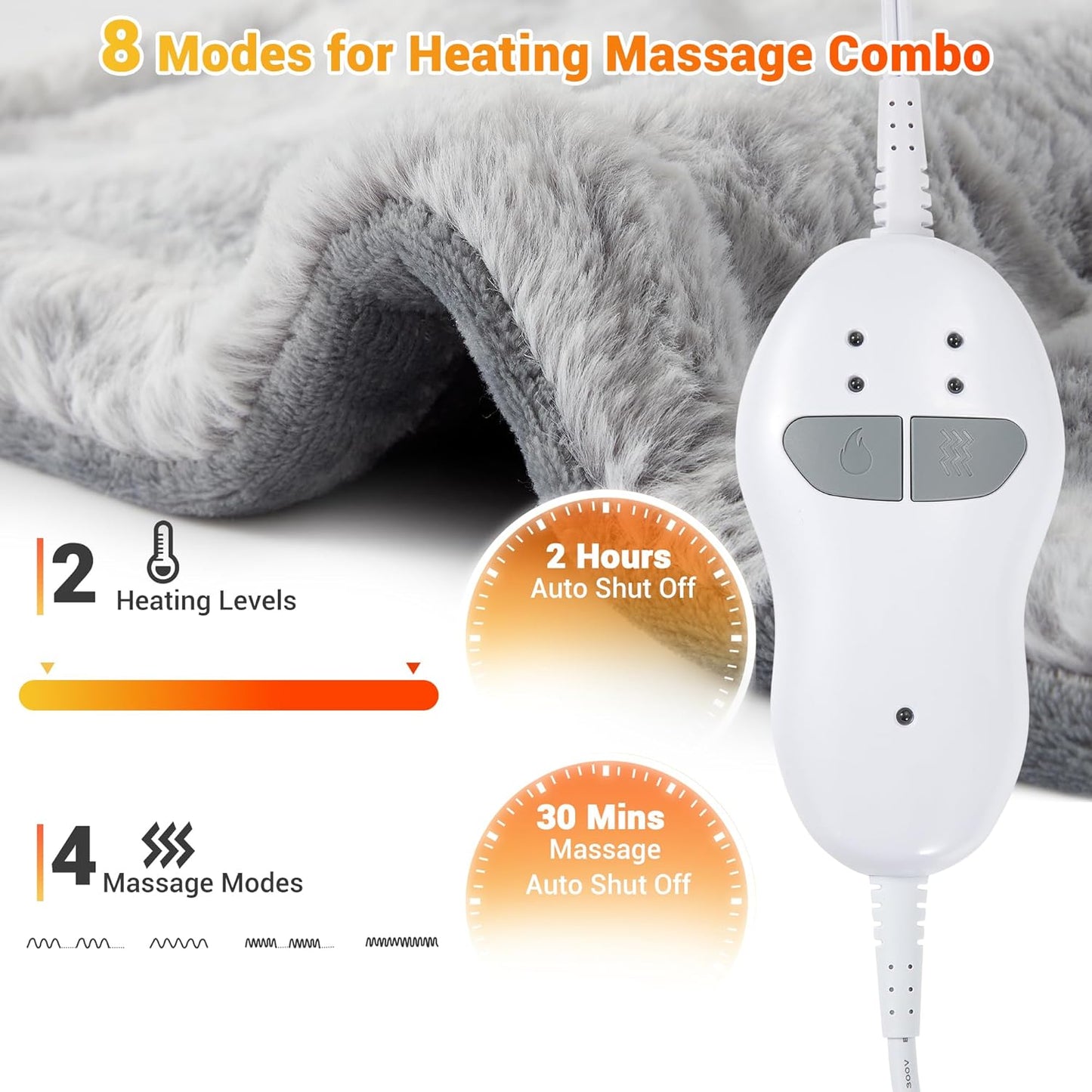 Massaging Heating Pad for Neck and Shoulders and Back, 24" x 35" Large Electric Heating Pad for Back Pain Relief with 3 Heat Levels, 4 Massage Settings, 2H Auto Shut-Off, 4 Massage Motors,Grey