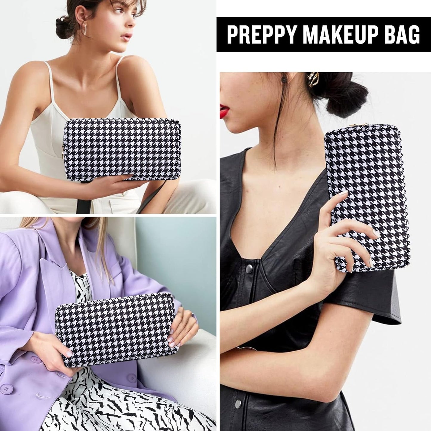 Nylon Small Makeup Bag for Purse, Cute Makeup Pouch Bag Preppy Cosmetic Zipper Pouch Purse, Portable Travel Toiletry Bag Clutch Makeup Brush Bag Organizer Storage for Ladies Girls(Black Houndstooth)