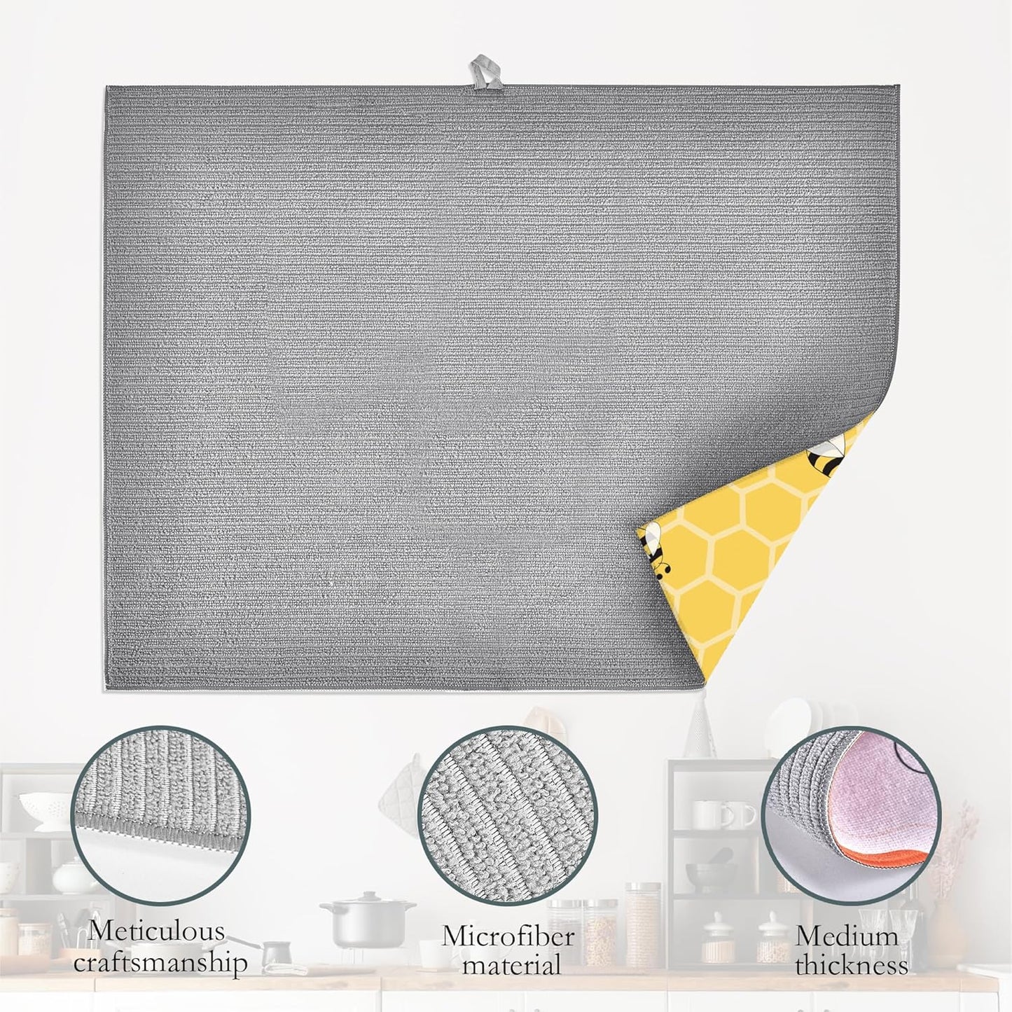 Yellow Bees Dish Drying Rack Mats Decor,Honey Honeycombs Dish Pad Drying Mat Kitchen Counter 18x24 Inch Absorbent Reversible Microfiber for Coffee Bar Sink Countertop